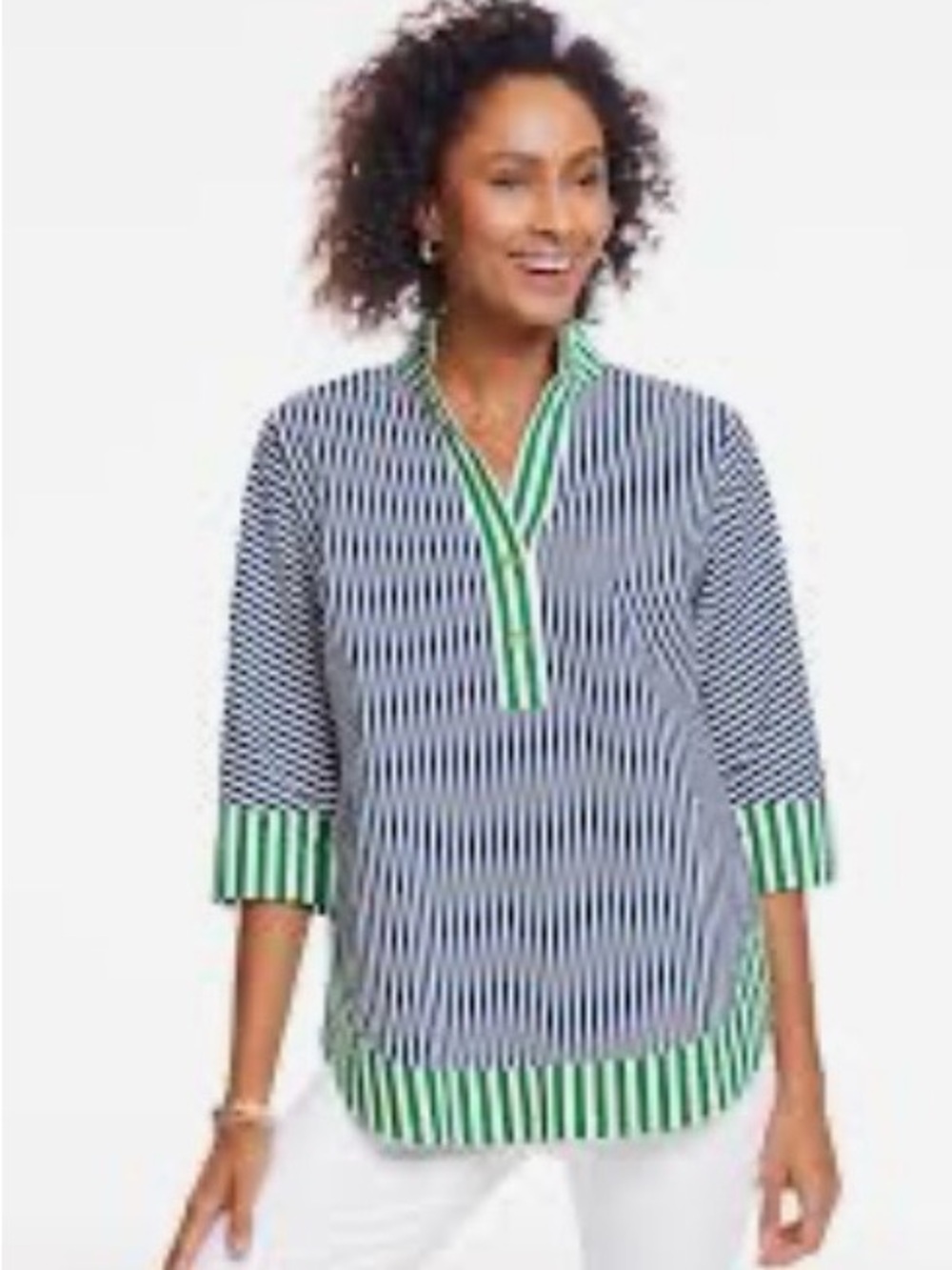 Talbots Striped Split-Neck Tunic Top in Navy and Green